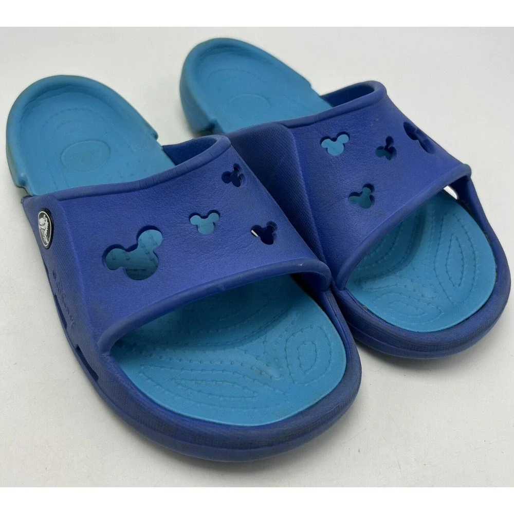 Disney Crocs Sandals Boys 2 Slide Youth Junior Blue Mickey Cut Out